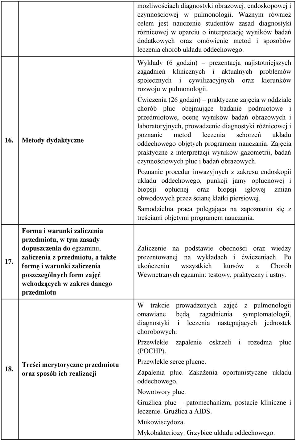 Metody dydaktyczne Wykłady (6 godzin) prezentacja najistotniejszych zagadnień klinicznych i aktualnych problemów społecznych i cywilizacyjnych oraz kierunków rozwoju w pulmonologii.