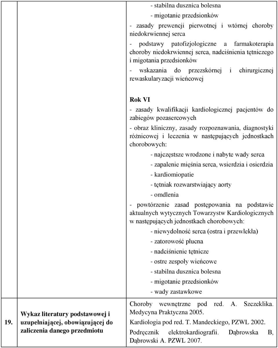 Wykaz literatury podstawowej i uzupełniającej, obowiązującej do zaliczenia danego u Rok VI - zasady kwalifikacji kardiologicznej pacjentów do zabiegów pozasercowych - obraz kliniczny, zasady