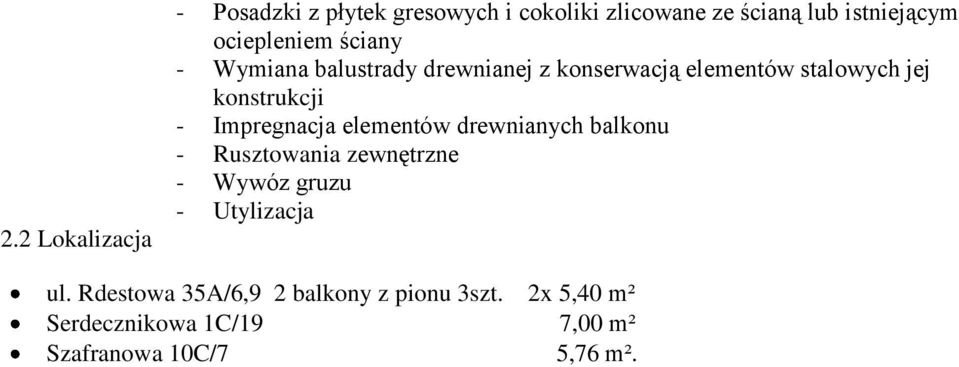 konstrukcji - Impregnacja elementów drewnianych balkonu - Rusztowania zewnętrzne - Wywóz gruzu -