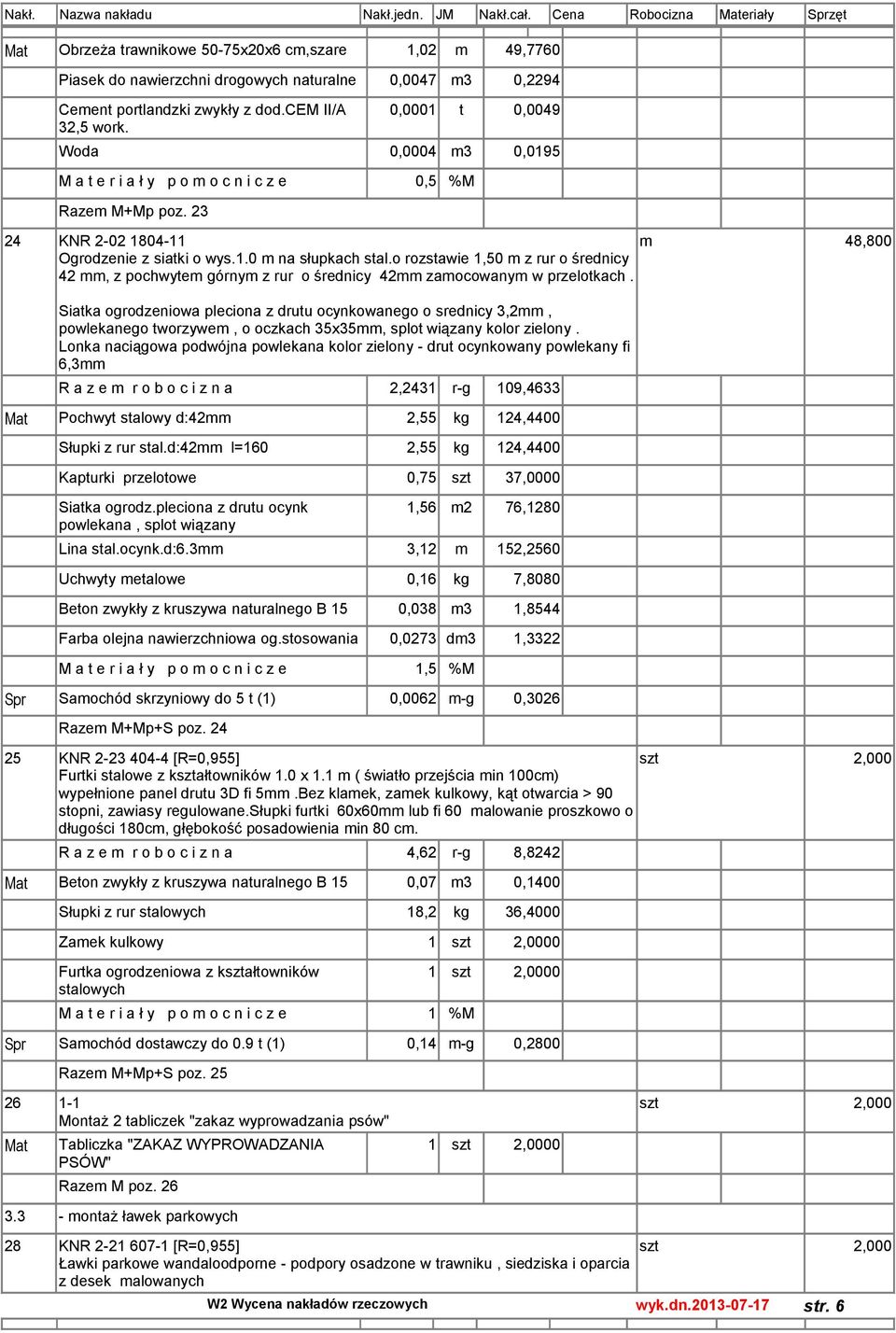 o rozstawie 1,50 m z rur o średnicy 42 mm, z pochwytem górnym z rur o średnicy 42mm zamocowanym w przelotkach.