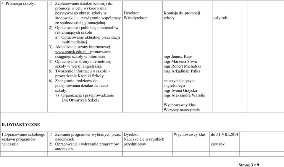 pl - promowanie osiągnięć szkoły w Internecie. 4) Opracowanie strony internetowej szkoły w wersji angielskiej. 5) Tworzenie informacji o szkole - prowadzenie Kroniki Szkoły.