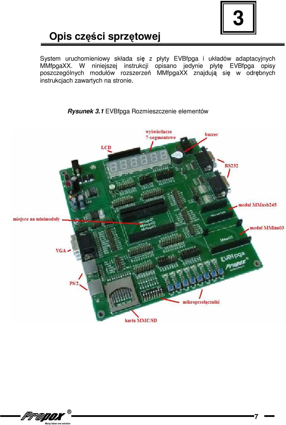 W niniejszej instrukcji opisano jedynie płytę EVBfpga opisy poszczególnych