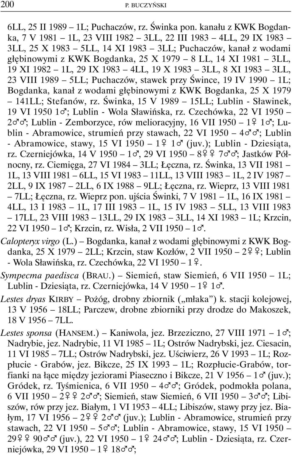 3LL, 19 XI 1982 1L, 29 IX 1983 4LL, 19 X 1983 3LL, 8 XI 1983 3LL, 23 VIII 1989 5LL; Puchaczów, stawek przy Śwince, 19 IV 1990 1L; Bogdanka, kanał z wodami głębinowymi z KWK Bogdanka, 25 X 1979 141LL;