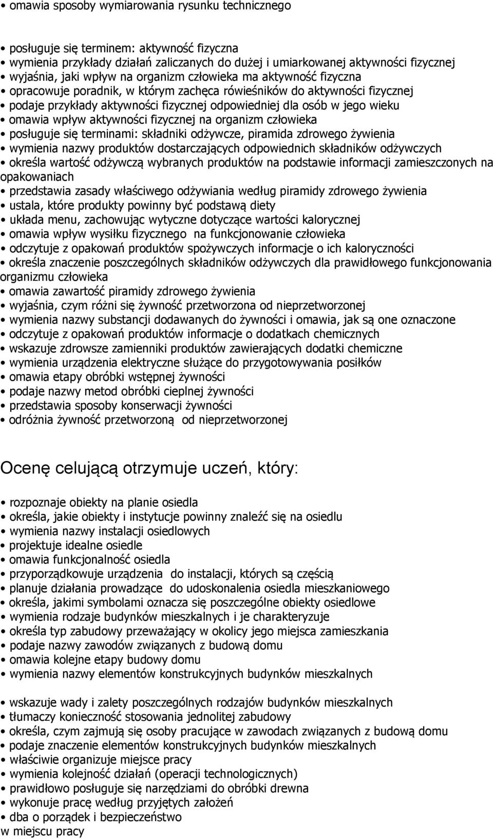 ustala, które produkty powinny być podstawą diety układa menu, zachowując wytyczne dotyczące wartości kalorycznej omawia wpływ wysiłku fizycznego na funkcjonowanie człowieka odczytuje z opakowań