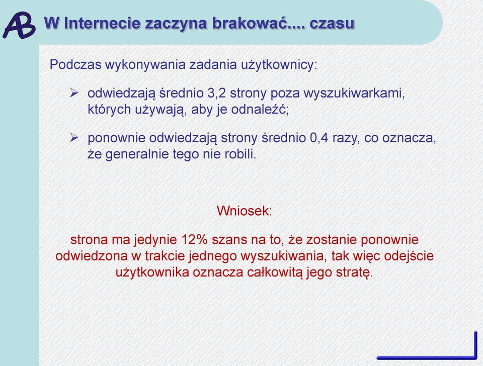 których używają, aby je odnaleźć; ponownie odwiedzają strony średnio 0,4 razy, co oznacza, że generalnie