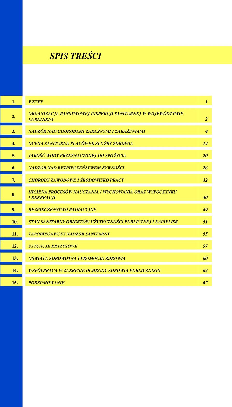 CHOROBY ZAWODOWE I ŚRODOWISKO PRACY 32 8. HIGIENA PROCESÓW NAUCZANIA I WYCHOWANIA ORAZ WYPOCZYNKU I REKREACJI 40 9. BEZPIECZEŃSTWO RADIACYJNE 49 10.