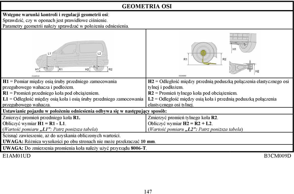 L1 = Odległość między osią koła i osią śruby przedniego zamocowania przegubowego wahacza. H2 = Odległość między przednią poduszką połączenia elastycznego osi tylnej i podłoŝem.