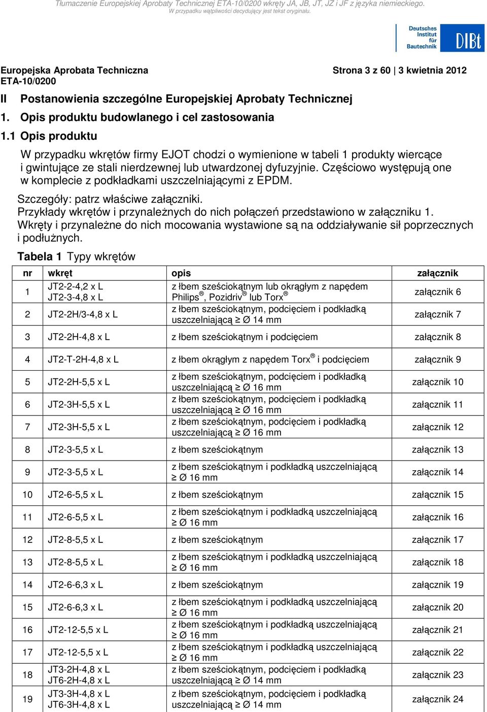 Częściowo występują one w komplecie z podkładkami uszczelniającymi z EPDM. Szczegóły: patrz właściwe załączniki. Przykłady wkrętów i przynależnych do nich połączeń przedstawiono w załączniku 1.