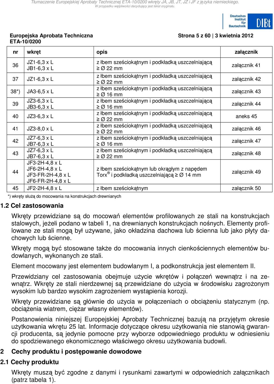 i podkładką uszczelniającą 39 JB3-6,3 x L Ø 16 mm załącznik 44 40 JZ3-6,3 x L z łbem sześciokątnym i podkładką uszczelniającą Ø 22 mm aneks 45 41 JZ3-8,0 x L z łbem sześciokątnym i podkładką