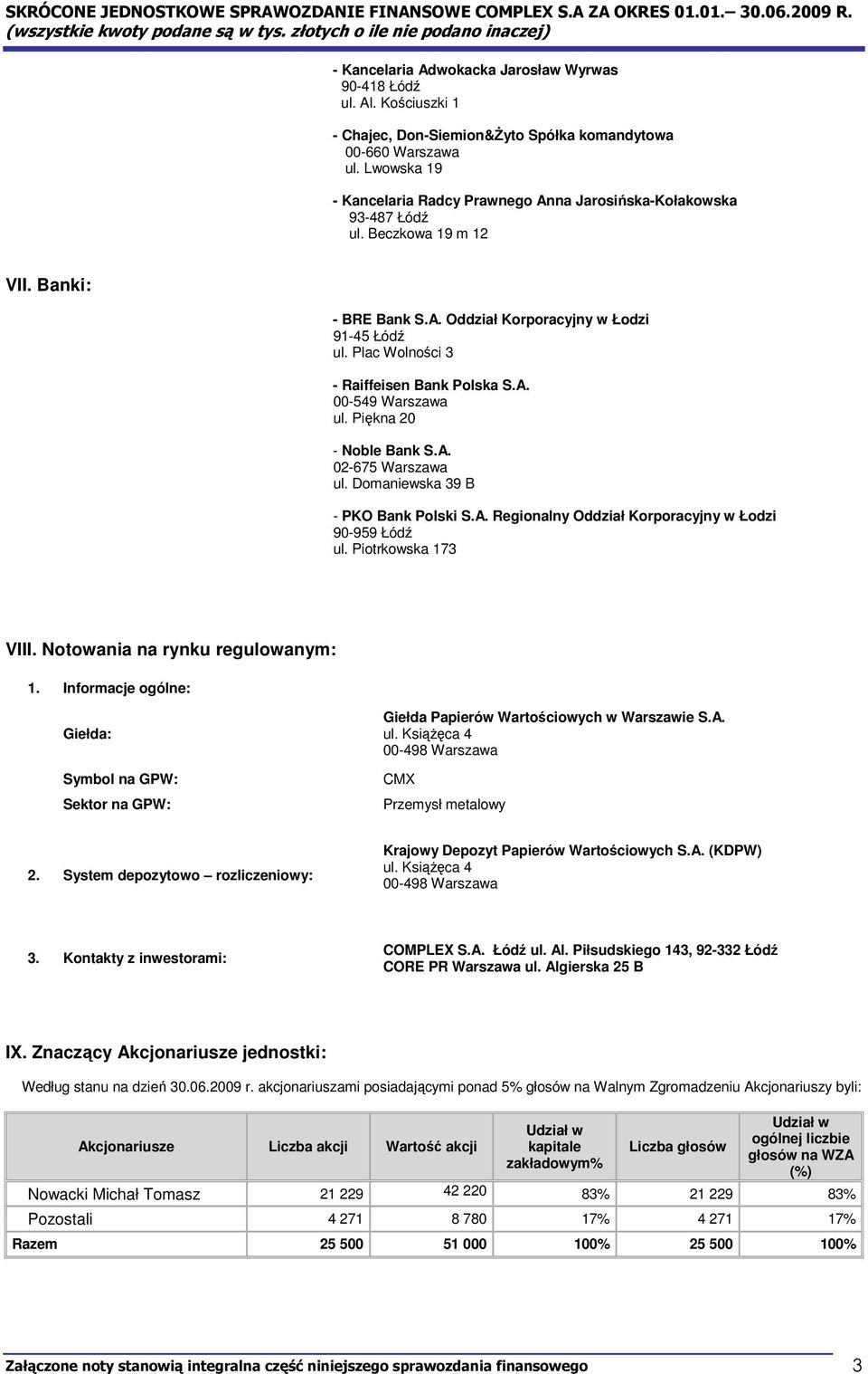 Plac Wolności 3 - Raiffeisen Bank Polska S.A. 00-549 Warszawa ul. Piękna 20 - Noble Bank S.A. 02-675 Warszawa ul. Domaniewska 39 B - PKO Bank Polski S.A. Regionalny Oddział Korporacyjny w Łodzi 90-959 Łódź ul.