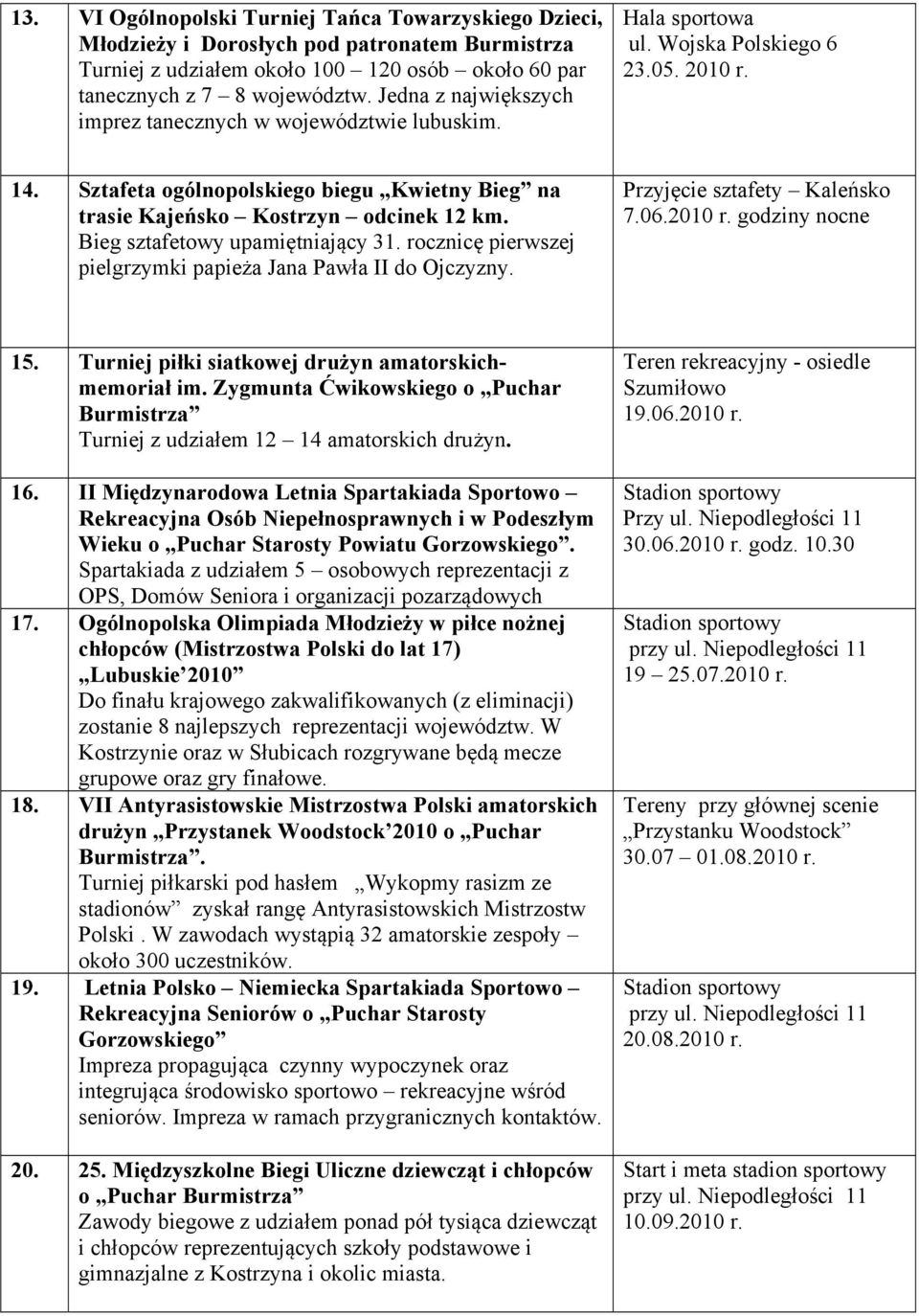 Bieg sztafetowy upamiętniający 31. rocznicę pierwszej pielgrzymki papieża Jana Pawła II do Ojczyzny. Przyjęcie sztafety Kaleńsko 7.06.2010 r. godziny nocne 15.