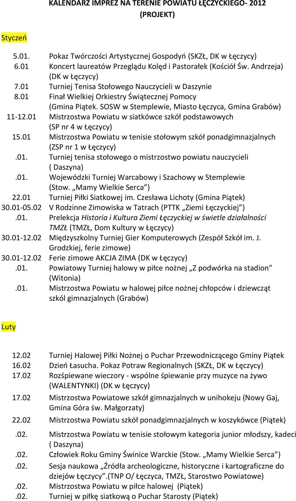 01 Finał Wielkiej Orkiestry Świątecznej Pomocy (Gmina Piątek. SOSW w Stemplewie, Miasto Łęczyca, Gmina Grabów) 11-12.01 Mistrzostwa Powiatu w siatkówce szkół podstawowych (SP nr 4 w Łęczycy) 15.