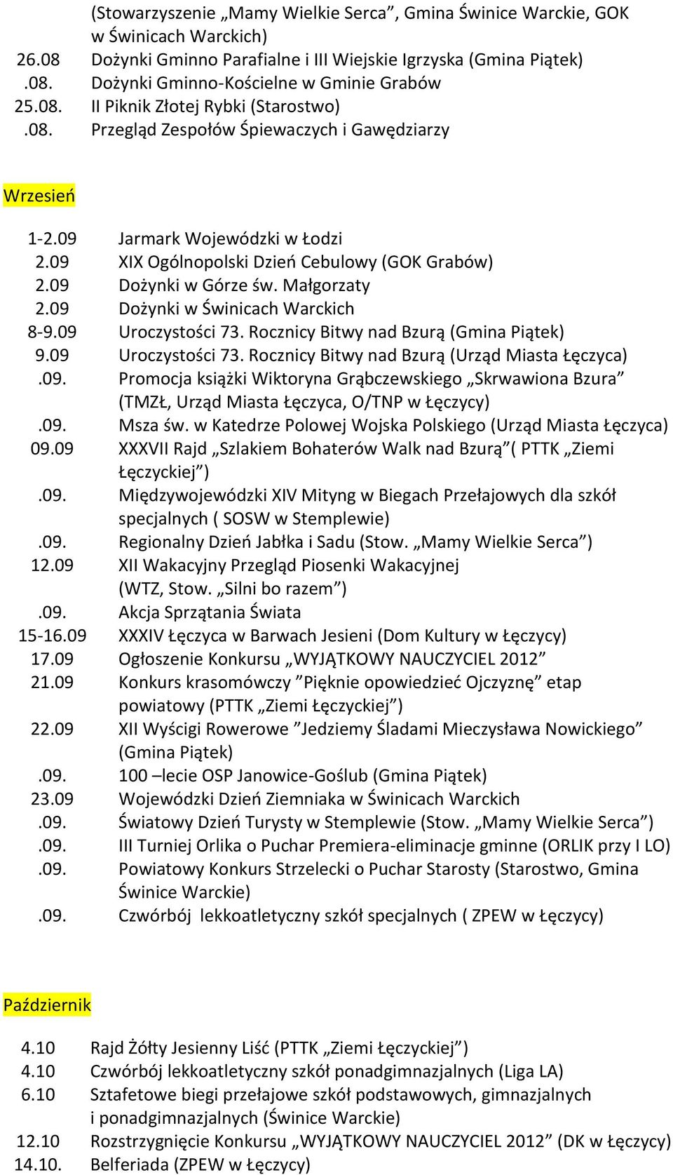 09 Dożynki w Górze św. Małgorzaty 2.09 Dożynki w Świnicach Warckich 8-9.09 Uroczystości 73. Rocznicy Bitwy nad Bzurą (Gmina Piątek) 9.09 Uroczystości 73. Rocznicy Bitwy nad Bzurą (Urząd Miasta Łęczyca).