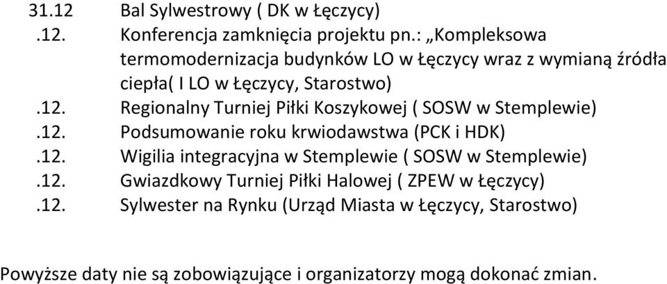 Regionalny Turniej Piłki Koszykowej ( SOSW w Stemplewie).12. Podsumowanie roku krwiodawstwa (PCK i HDK).12. Wigilia integracyjna w Stemplewie ( SOSW w Stemplewie).