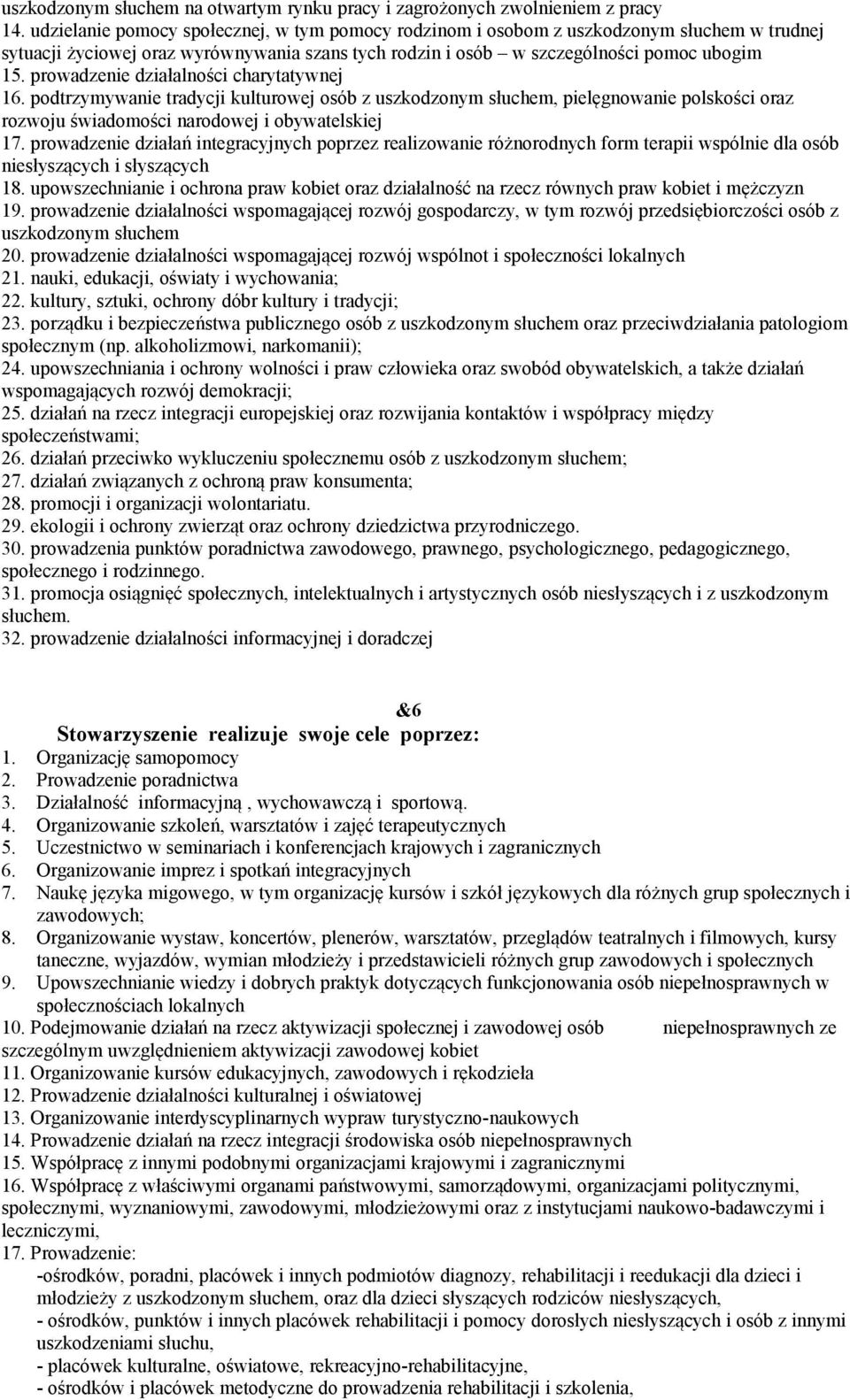 prowadzenie działalności charytatywnej 16. podtrzymywanie tradycji kulturowej osób z uszkodzonym słuchem, pielęgnowanie polskości oraz rozwoju świadomości narodowej i obywatelskiej 17.