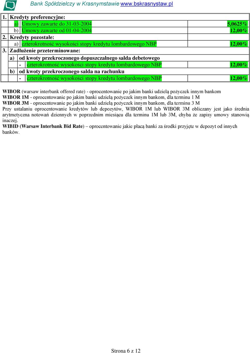 czterokrotność wysokości stopy kredytu lombardowego NBP 12,00% WIBOR (warsaw interbank offered rate) - oprocentowanie po jakim banki udzielą pożyczek innym bankom WIBOR 1M - oprocentowanie po jakim