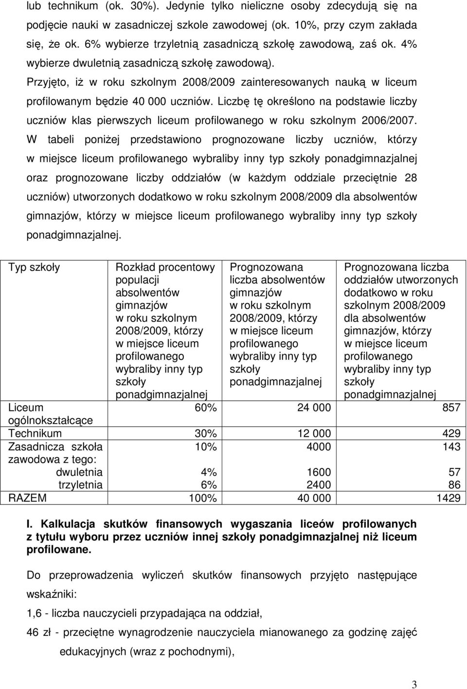 Przyjęto, iŝ w roku szkolnym 2008/2009 zainteresowanych nauką w liceum profilowanym będzie 40 000 uczniów.