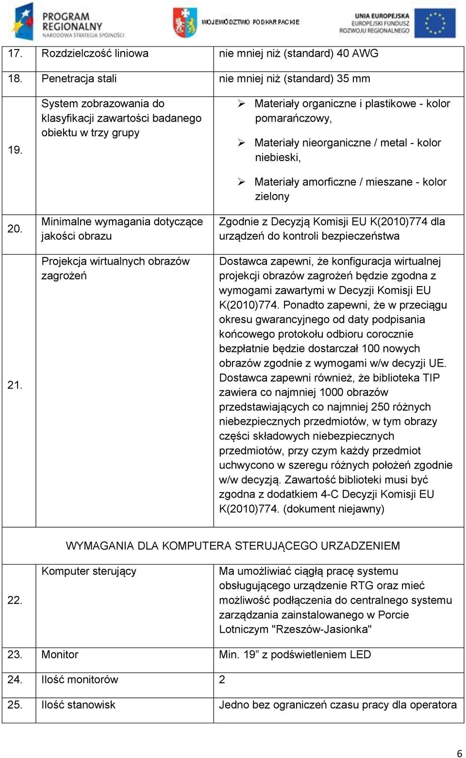 kolor pomarańczowy, Materiały nieorganiczne / metal - kolor niebieski, Materiały amorficzne / mieszane - kolor zielony Zgodnie z Decyzją Komisji EU K(2010)774 dla urządzeń do kontroli bezpieczeństwa