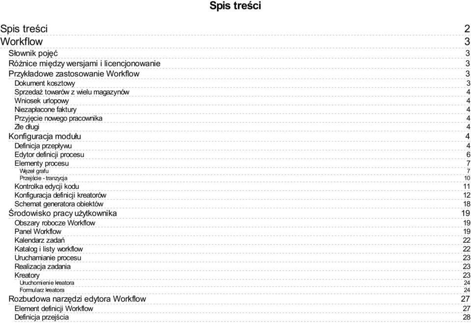 Konfiguracja definicji kreatorów Schemat generatora obiektów Środowisko pracy użytkownika Obszary robocze Workflow Panel Workflow Kalendarz zadań Katalog i listy workflow Uruchamianie procesu