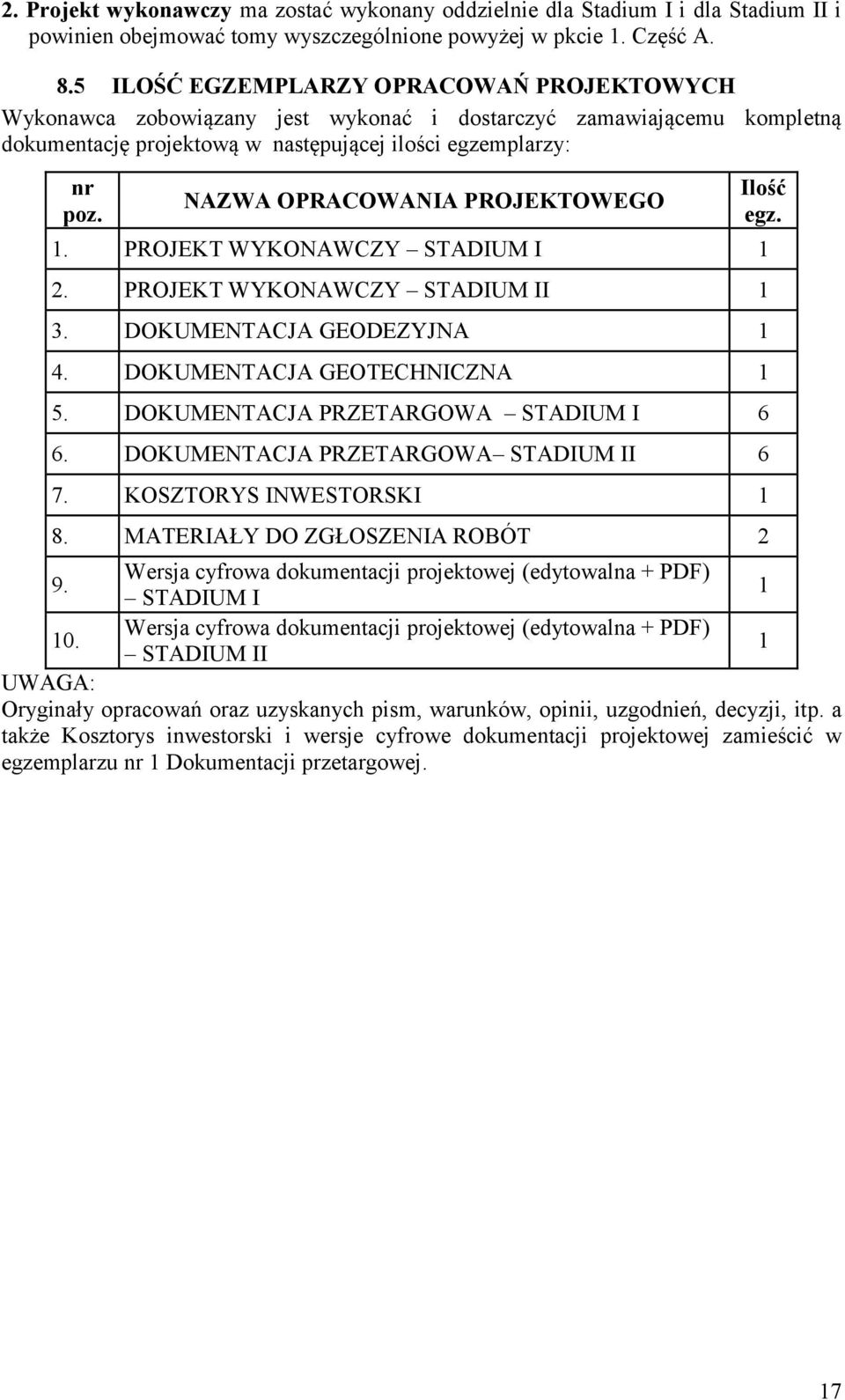 NAZWA OPRACOWANIA PROJEKTOWEGO 1. PROJEKT WYKONAWCZY STADIUM I 1 2. PROJEKT WYKONAWCZY STADIUM II 1 3. DOKUMENTACJA GEODEZYJNA 1 4. DOKUMENTACJA GEOTECHNICZNA 1 5.