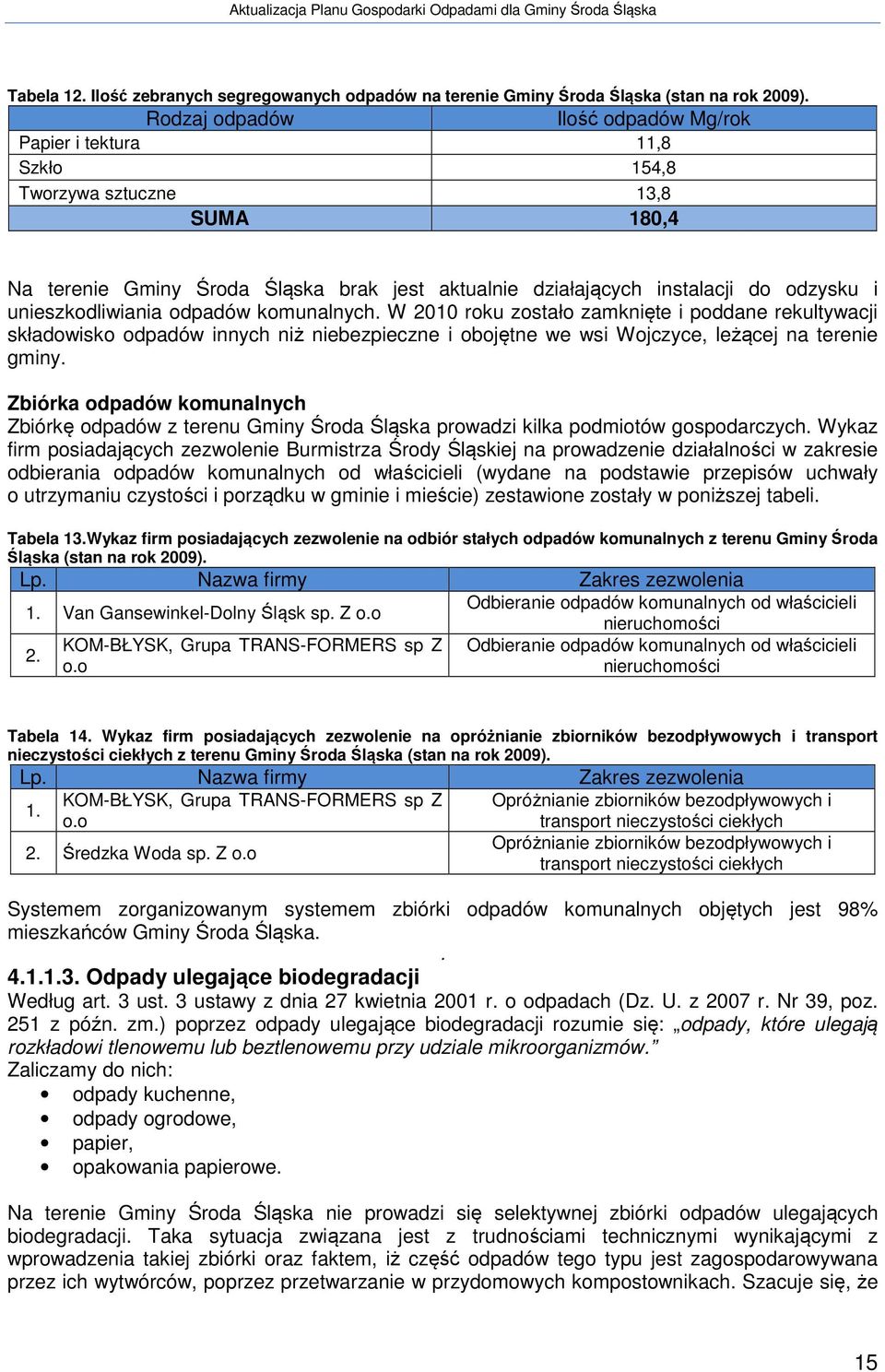 unieszkodliwiania odpadów komunalnych. W 2010 roku zostało zamknięte i poddane rekultywacji składowisko odpadów innych niż niebezpieczne i obojętne we wsi Wojczyce, leżącej na terenie gminy.