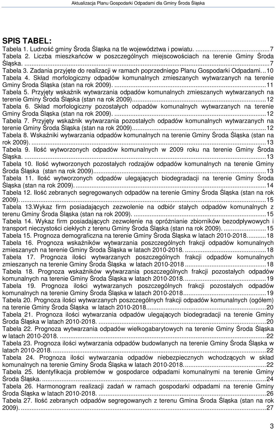 Skład morfologiczny odpadów komunalnych zmieszanych wytwarzanych na terenie Gminy Środa Śląska (stan na rok 2009).... 11 Tabela 5.
