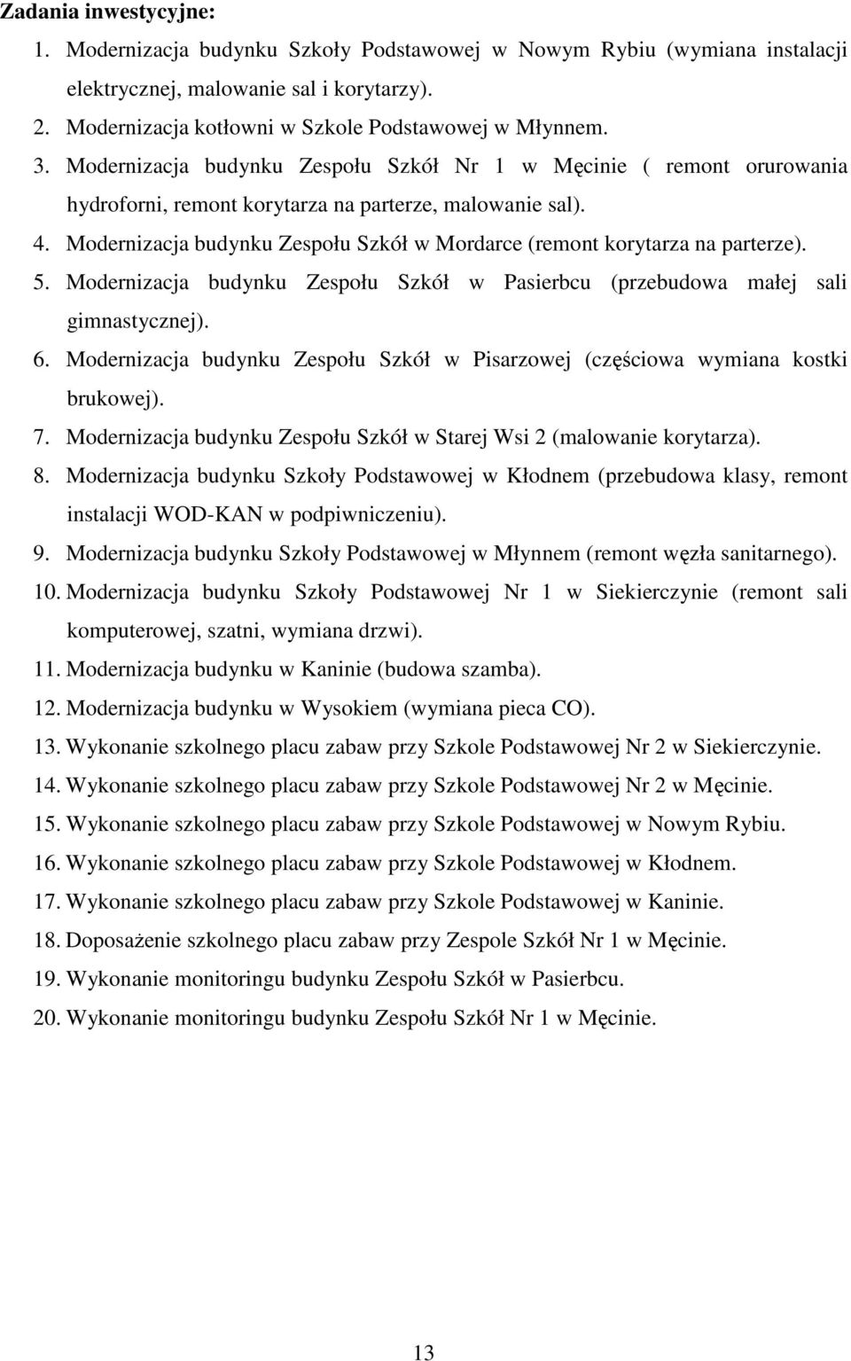 Modernizacja budynku Zespołu Szkół w Mordarce (remont korytarza na parterze). 5. Modernizacja budynku Zespołu Szkół w Pasierbcu (przebudowa małej sali gimnastycznej). 6.