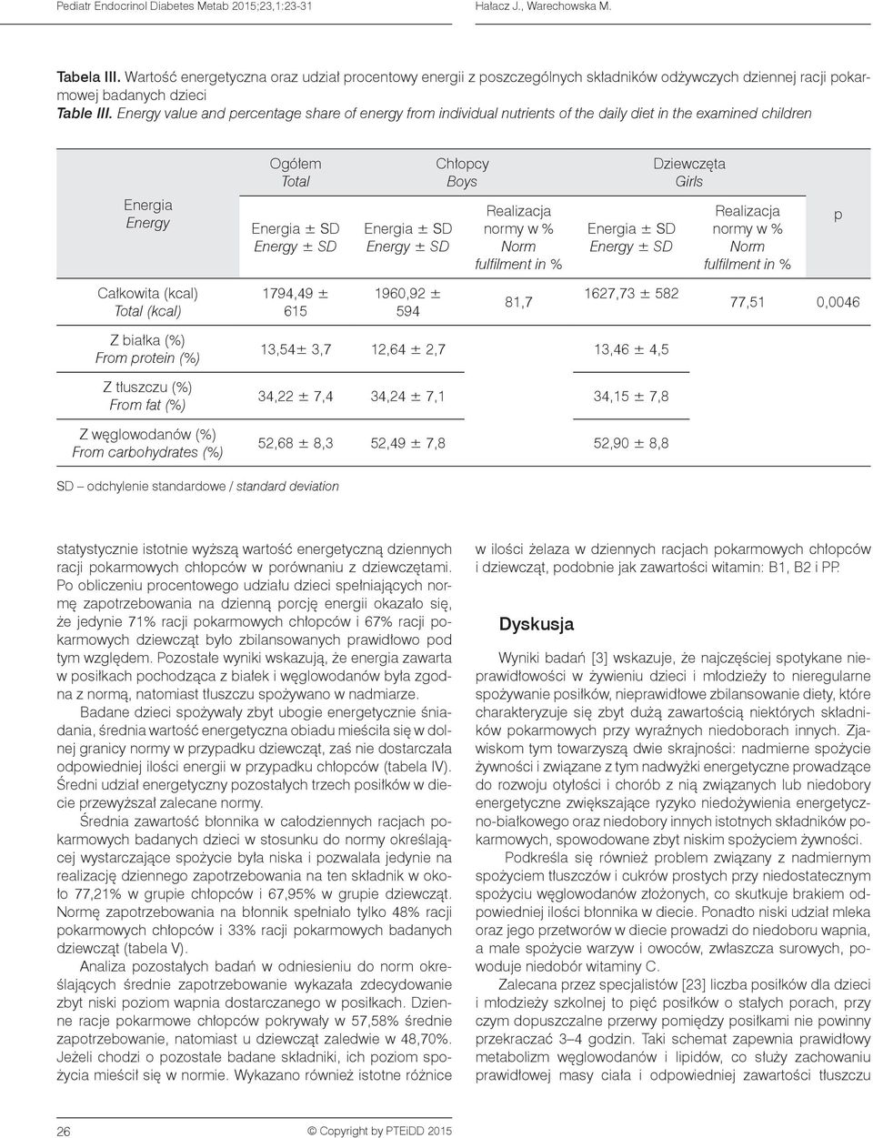 Realizacja normy w % Norm fulfilment in % Energia ± SD Energy ± SD Dziewczęta Girls Realizacja normy w % Norm fulfilment in % p Całkowita (kcal) Total (kcal) 1794,49 ± 615 1960,92 ± 594 81,7 1627,73