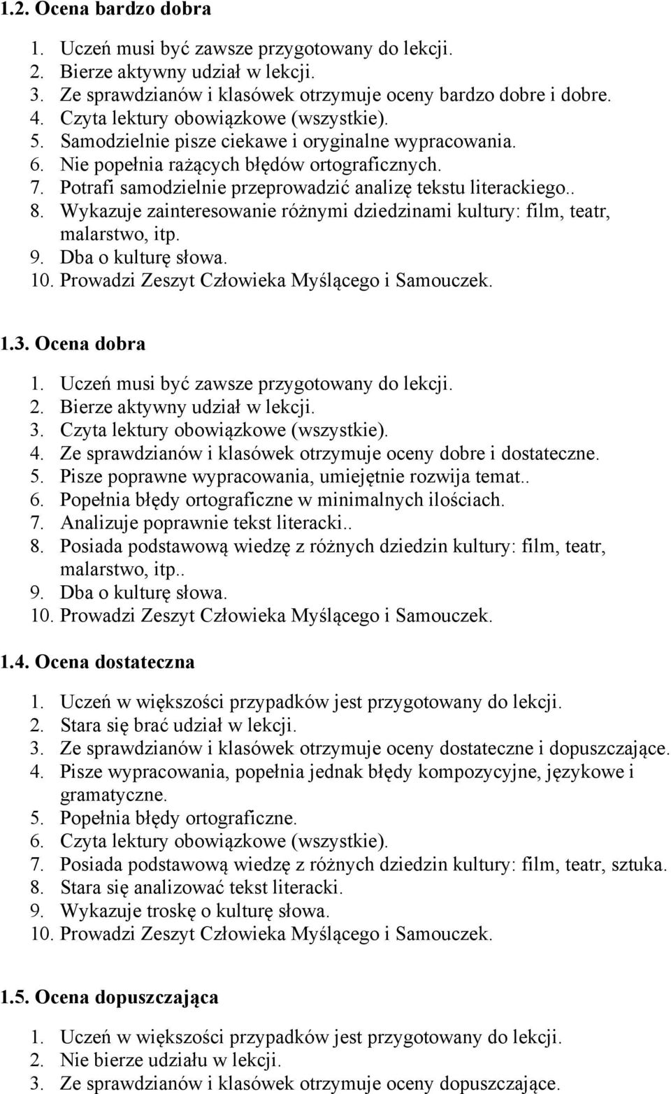 Potrafi samodzielnie przeprowadzić analizę tekstu literackiego.. 8. Wykazuje zainteresowanie różnymi dziedzinami kultury: film, teatr, malarstwo, itp. 9. Dba o kulturę słowa. 10.