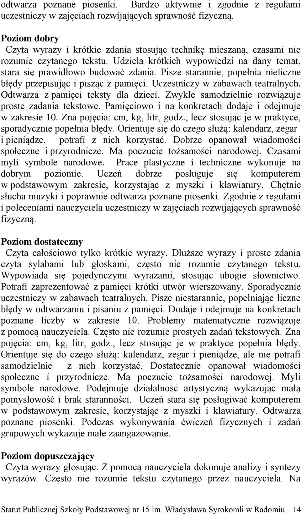 Pisze starannie, popełnia nieliczne błędy przepisując i pisząc z pamięci. Uczestniczy w zabawach teatralnych. Odtwarza z pamięci teksty dla dzieci.