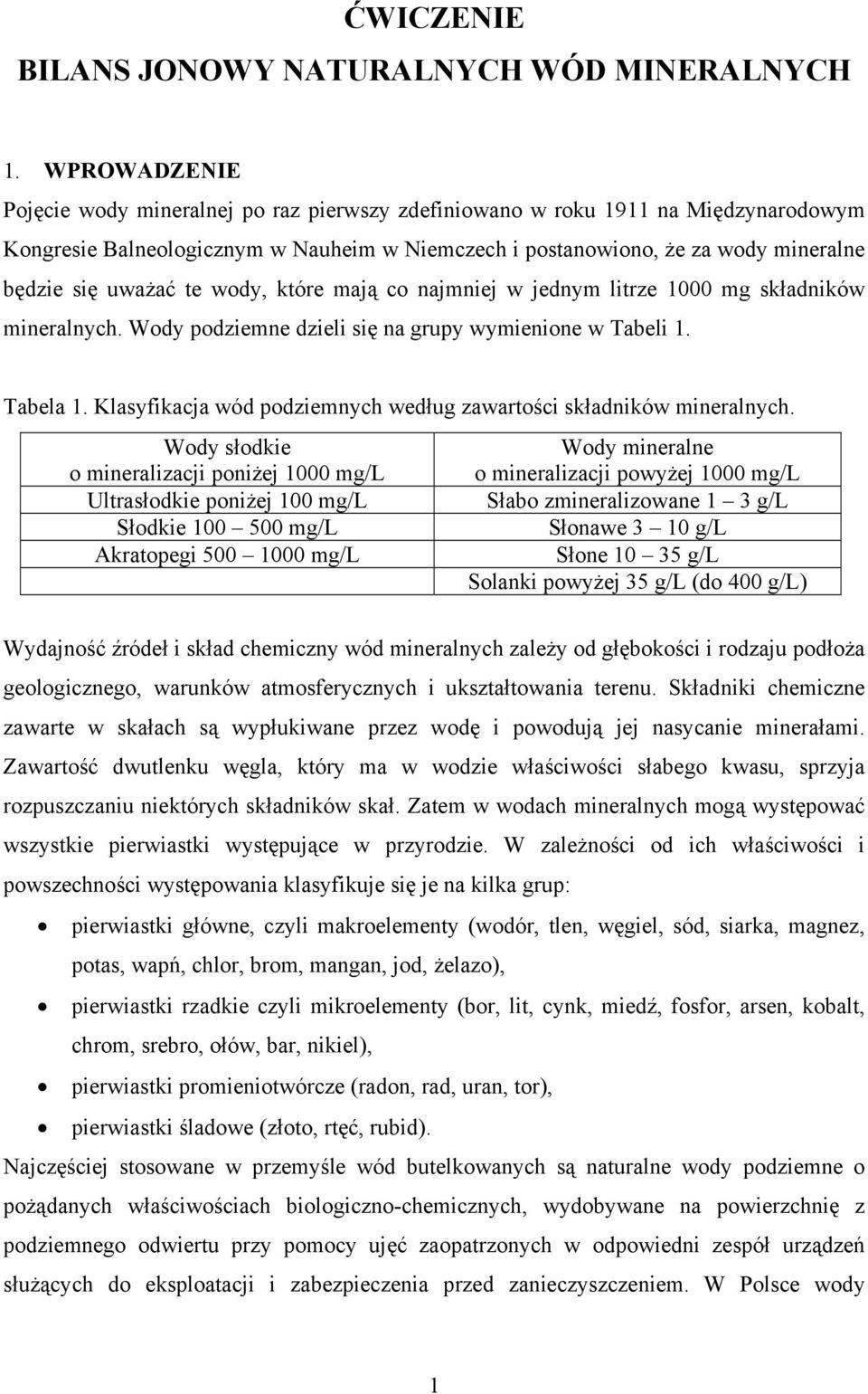 te wody, które mają co najmniej w jednym litrze 1000 mg składników mineralnych. Wody podziemne dzieli się na grupy wymienione w Tabeli 1. Tabela 1.