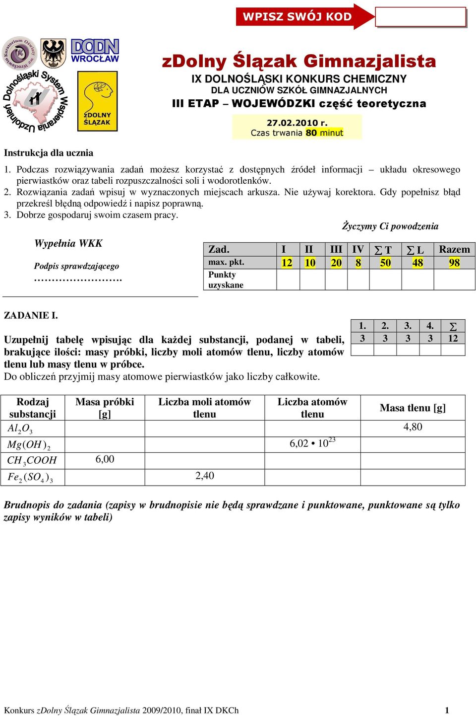 śyczymy Ci powodzenia Wypełnia WKK Podpis sprawdzającego. zdolny Ślązak Gimnazjalista IX DOLNOŚLĄSKI KONKURS CHEMICZNY DLA UCZNIÓW SZKÓŁ GIMNAZJALNYCH III ETAP WOJEWÓDZKI część teoretyczna 27.02.