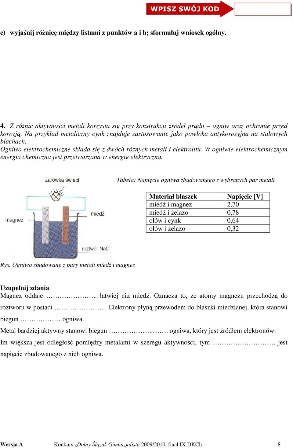 W ogniwie elektrochemicznym energia chemiczna jest przetwarzana w energię elektryczną.