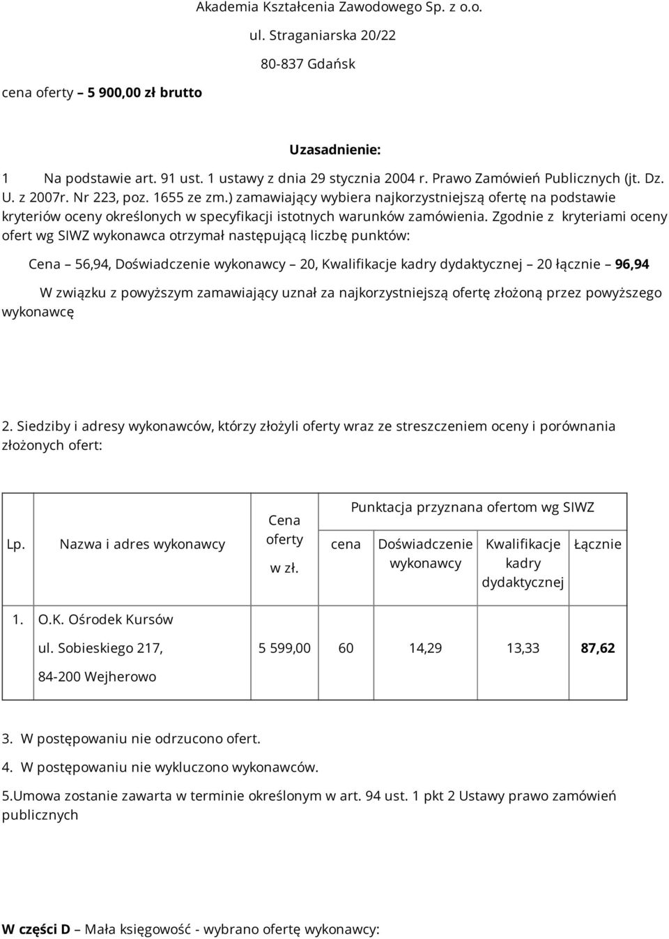 Siedziby i adresy wykonawców, którzy złożyli wraz ze streszczeniem oceny i porównania Punktacja przyznana ofertom wg SIWZ 1. O.K. Ośrodek Kursów ul.