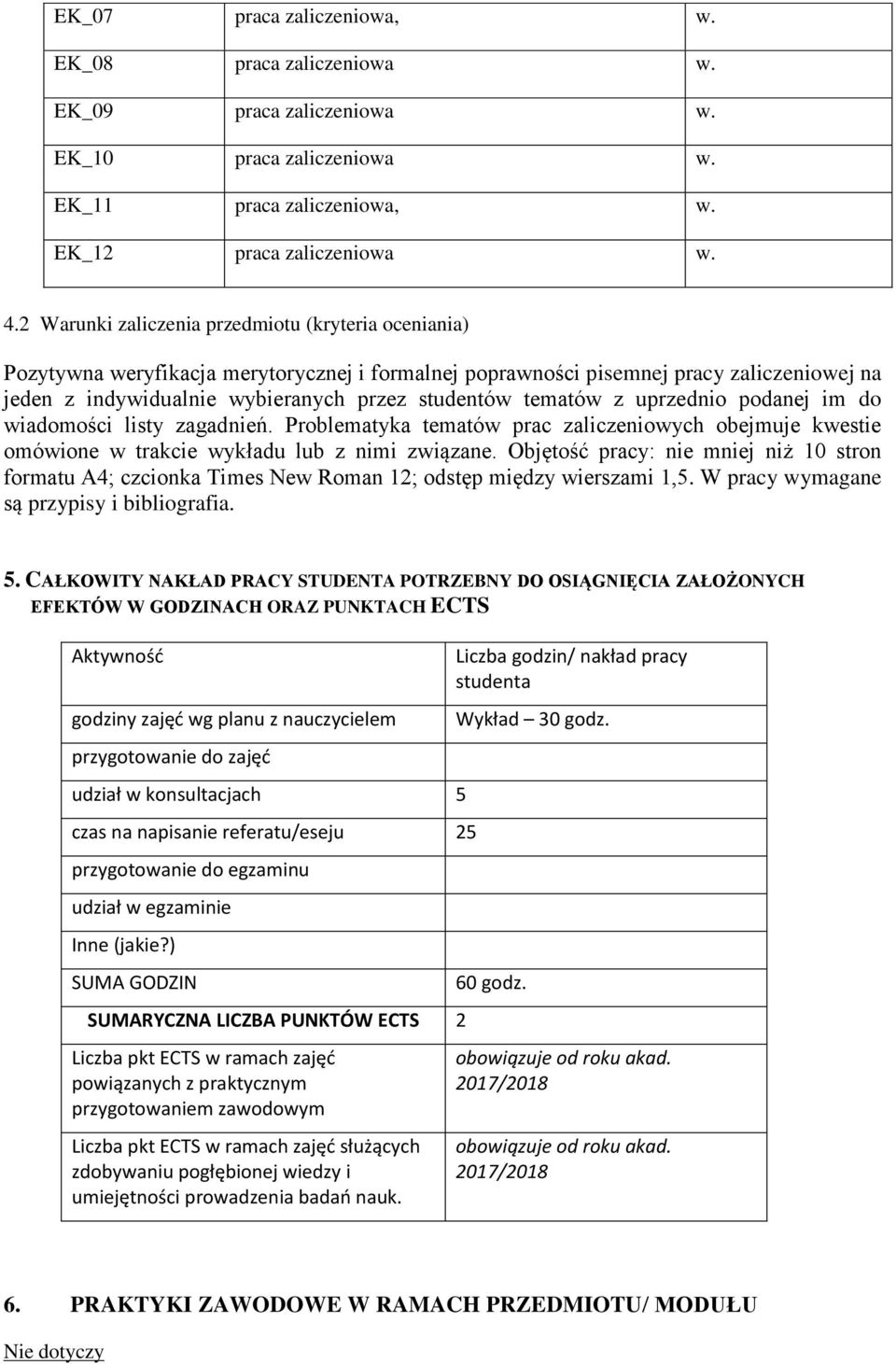 tematów z uprzednio podanej im do wiadomości listy zagadnień. Problematyka tematów prac zaliczeniowych obejmuje kwestie omówione w trakcie wykładu lub z nimi związane.