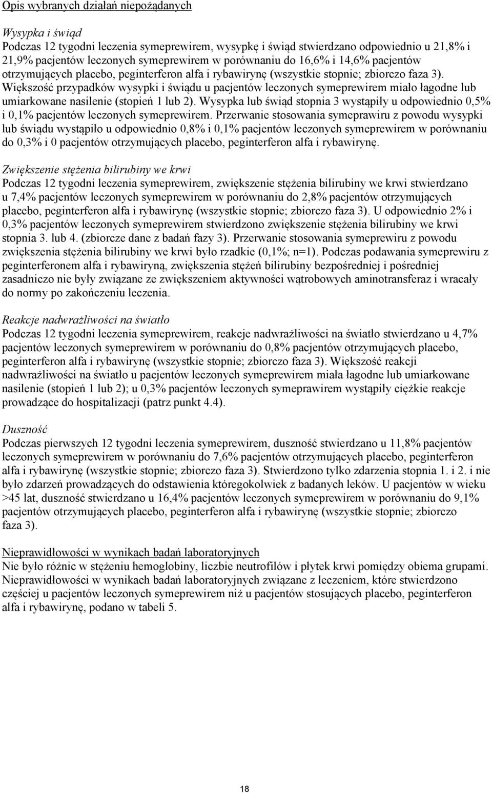 Większość przypadków wysypki i świądu u pacjentów leczonych symeprewirem miało łagodne lub umiarkowane nasilenie (stopień 1 lub 2).