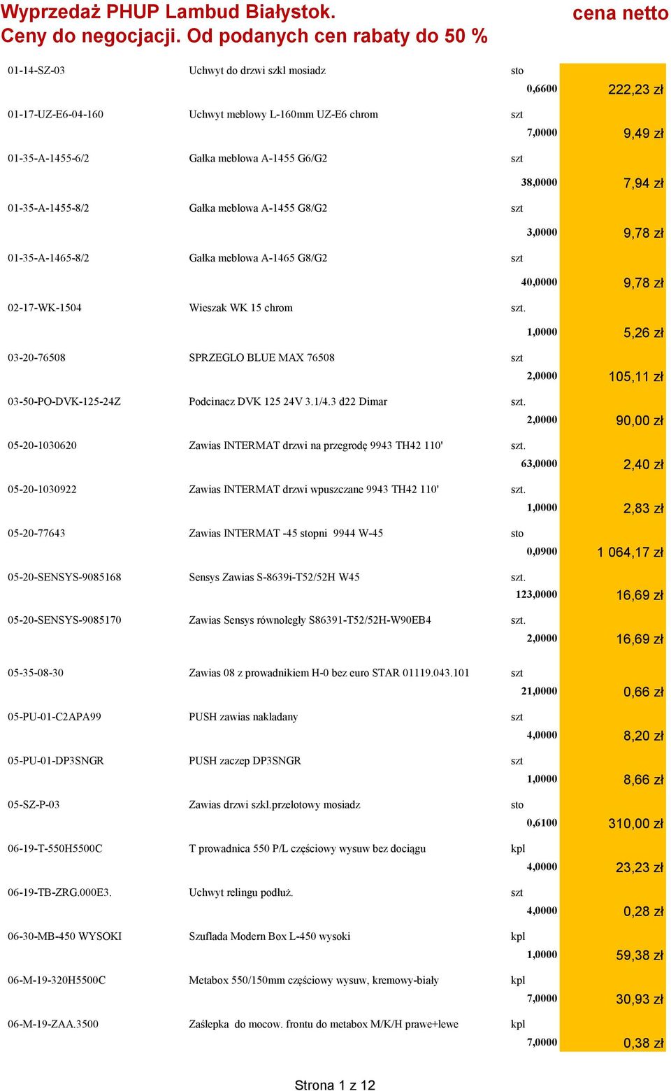 03-20-76508 SPRZEGLO BLUE MAX 76508 szt 03-50-PO-DVK-125-24Z Podcinacz DVK 125 24V 3.1/4.3 d22 Dimar szt. 05-20-1030620 Zawias INTERMAT drzwi na przegrodę 9943 TH42 110' szt.