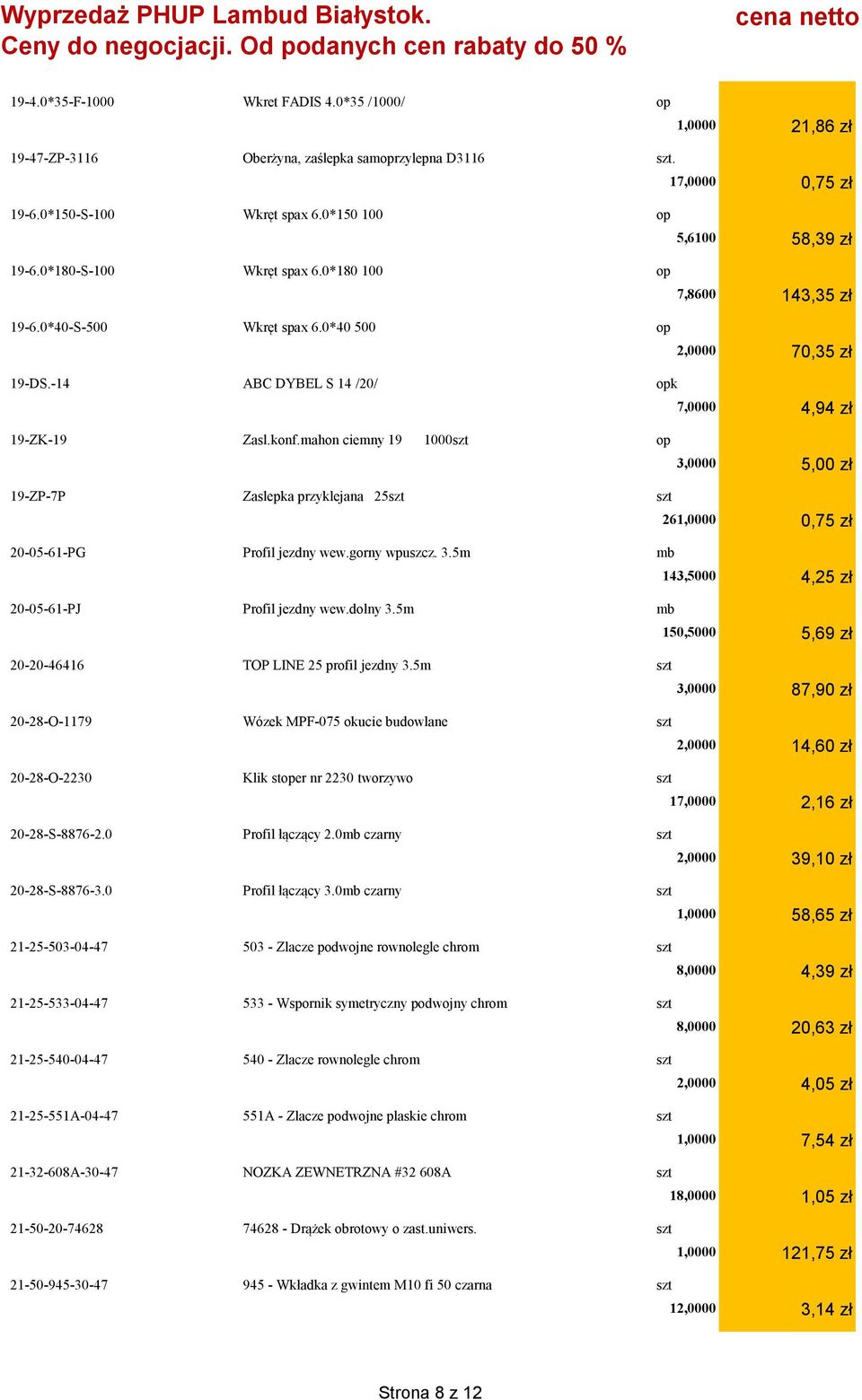 mahon ciemny 19 1000szt op 19-ZP-7P Zaslepka przyklejana 25szt szt 26 20-05-61-PG Profil jezdny wew.gorny wpuszcz. 3.5m mb 143,5000 20-05-61-PJ Profil jezdny wew.dolny 3.