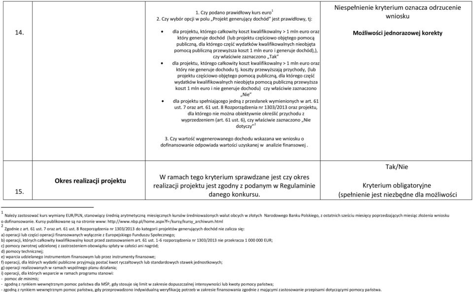 pomocą publiczną przewyższa koszt 1 mln euro i generuje dochód),), czy właściwie zaznaczono Tak dla projektu, którego całkowity koszt kwalifikowalny > 1 mln euro oraz który nie generuje dochodu tj.