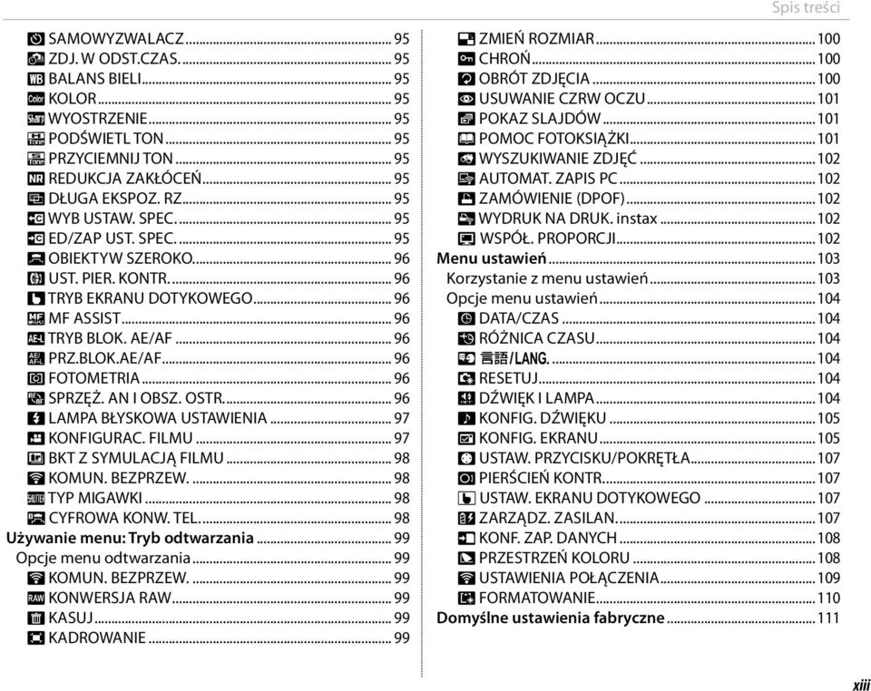 .. 96 v SPRZĘŻ. AN I OBSZ. OSTR.... 96 p LAMPA BŁYSKOWA USTAWIENIA... 97 W KONFIGURAC. FILMU... 97 X BKT Z SYMULACJĄ FILMU... 98 r KOMUN. BEZPRZEW.... 98 x TYP MIGAWKI... 98 J CYFROWA KONW. TEL.