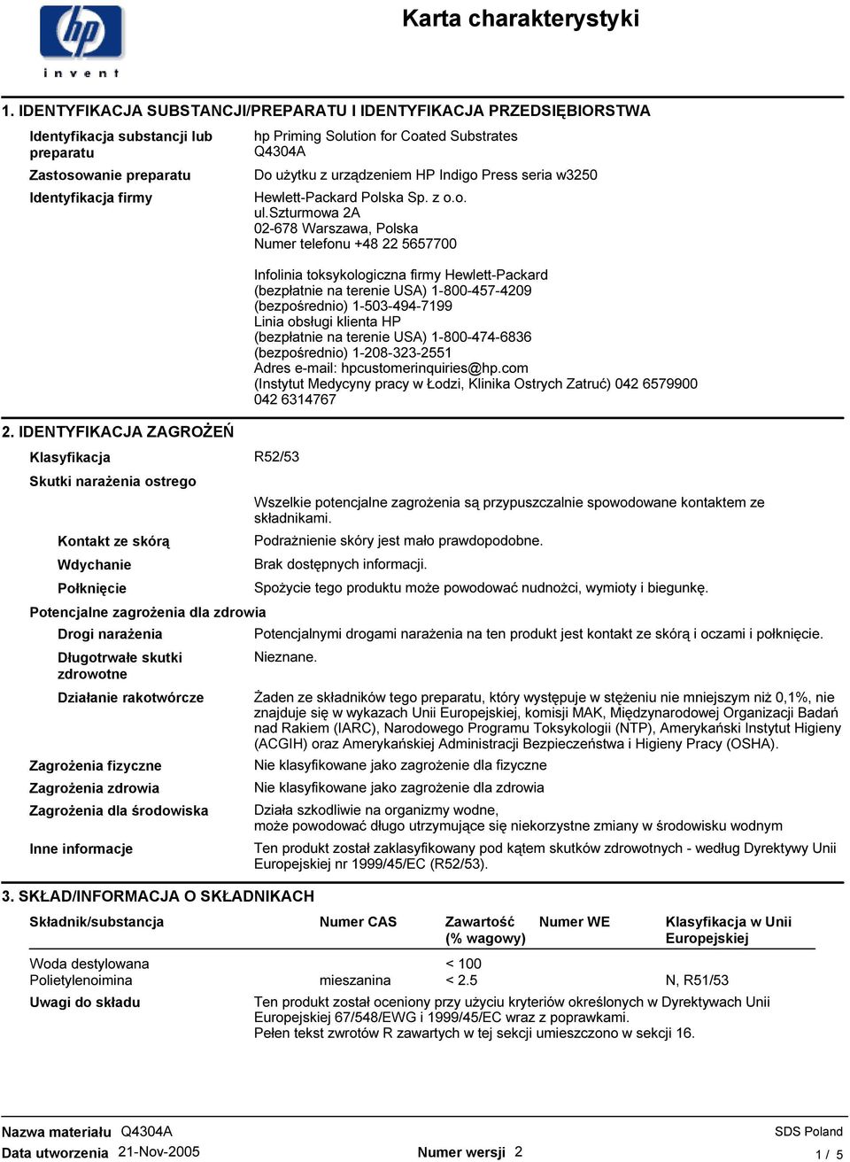 rakotwórcze ZagroŜenia fizyczne ZagroŜenia zdrowia ZagroŜenia dla środowiska Inne informacje hp Priming Solution for Coated Substrates Q4304A Do uŝytku z urządzeniem HP Indigo Press seria w3250