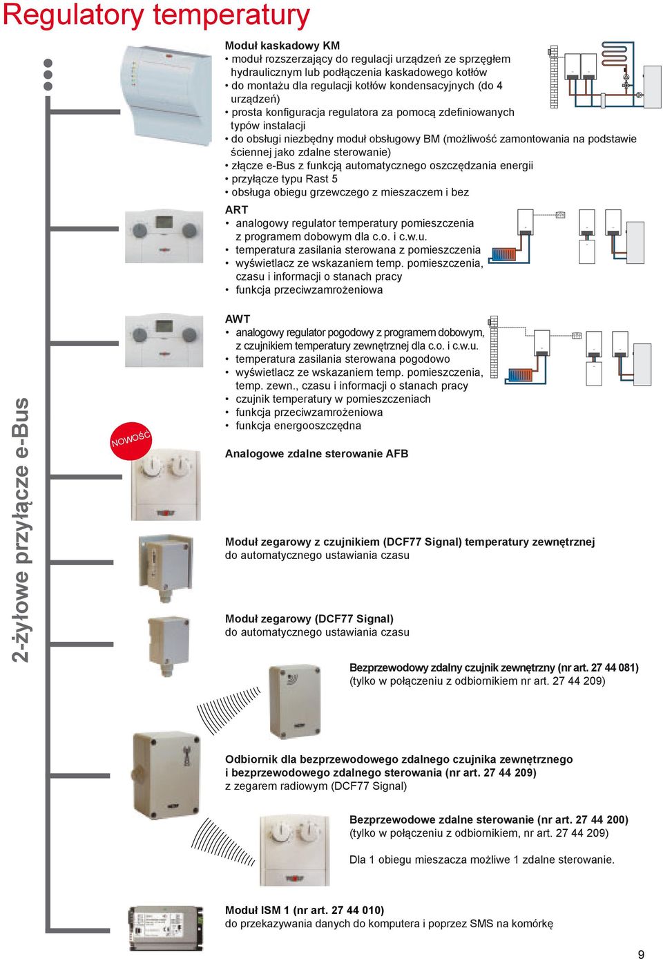 e-bus z funkcją automatycznego oszczędzania energii przyłącze typu Rast 5 obsługa obiegu grzewczego z mieszaczem i bez ART analogowy regulator temperatury pomieszczenia z programem dobowym dla c.o. i c.