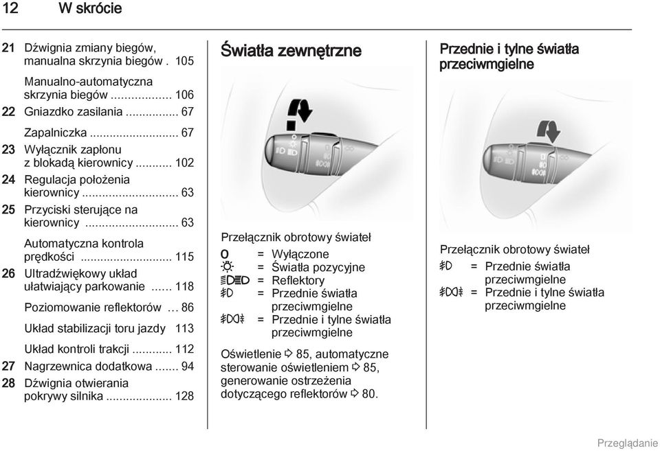 .. 115 26 Ultradźwiękowy układ ułatwiający parkowanie... 118 Poziomowanie reflektorów... 86 Układ stabilizacji toru jazdy 113 Układ kontroli trakcji... 112 27 Nagrzewnica dodatkowa.