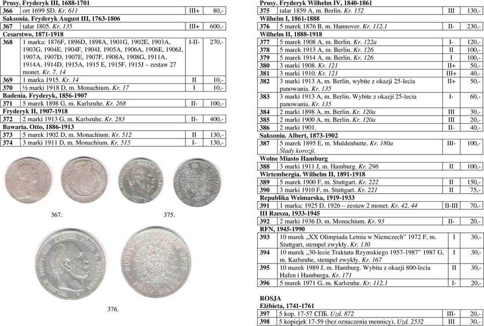 135 III+ 600,- Cesarstwo, 1871-1918 368 1 marka: 1876F, 1896D, 1898A, 1901G, 1902E, 1903A, I-II- 270,- 1903G, 1904E, 1904F, 1904J, 1905A, 1906A, 1906E, 1906J, 1907A, 1907D, 1907E, 1907F, 1908A,