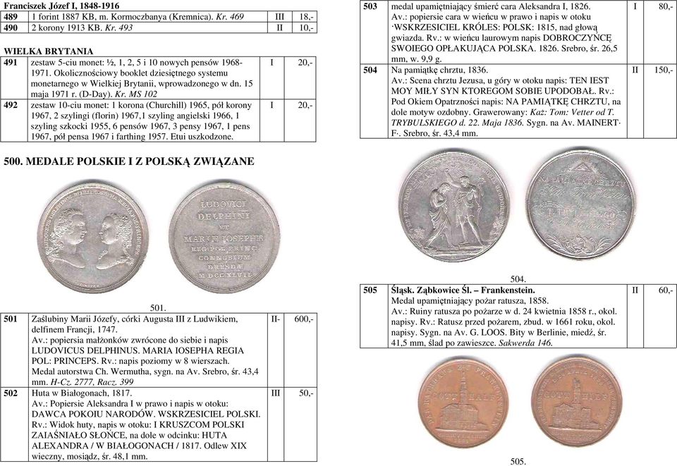MS 102 492 zestaw 10-ciu monet: 1 korona (Churchill) 1965, pół korony 1967, 2 szylingi (florin) 1967,1 szyling angielski 1966, 1 szyling szkocki 1955, 6 pensów 1967, 3 pensy 1967, 1 pens 1967, pół