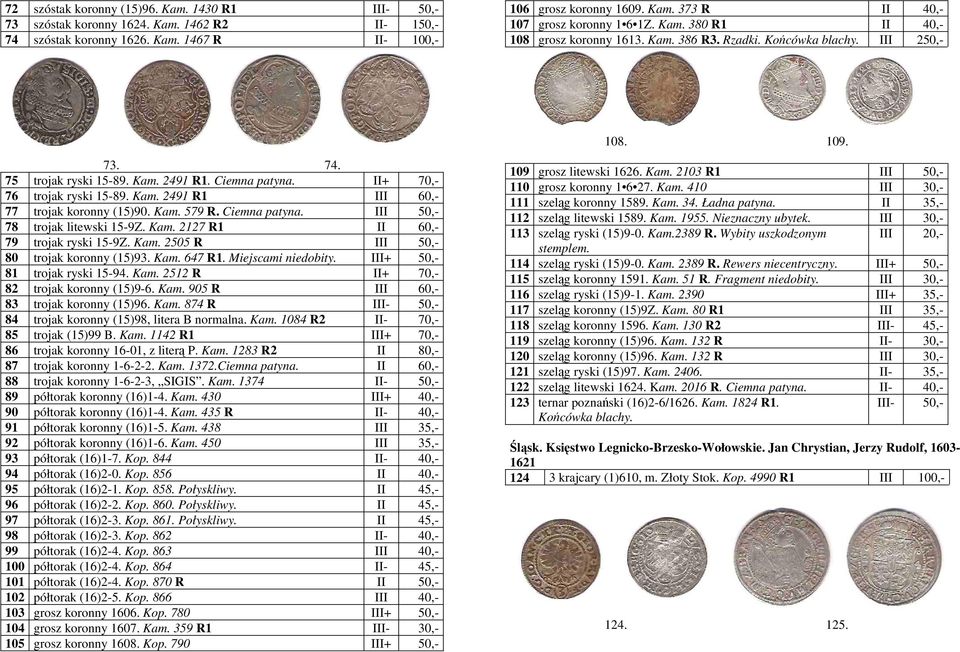 Kam. 579 R. Ciemna patyna. III 50,- 78 trojak litewski 15-9Z. Kam. 2127 R1 II 60,- 79 trojak ryski 15-9Z. Kam. 2505 R III 50,- 80 trojak koronny (15)93. Kam. 647 R1. Miejscami niedobity.