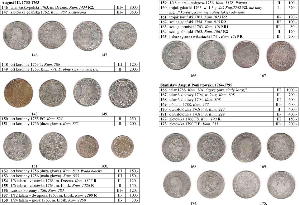 Kam. 1019 R1 III+ 80,- 164 szeląg elbląski 1763. Kam. 1061 R2 II 1 165 halerz (grosz) wikariacki 1741. Kam. 1519 R II- 200,- 146. 147. 148 ort koronny 1753 T. Kam. 786 III 1 149 ort koronny 1753. Kam. 791.