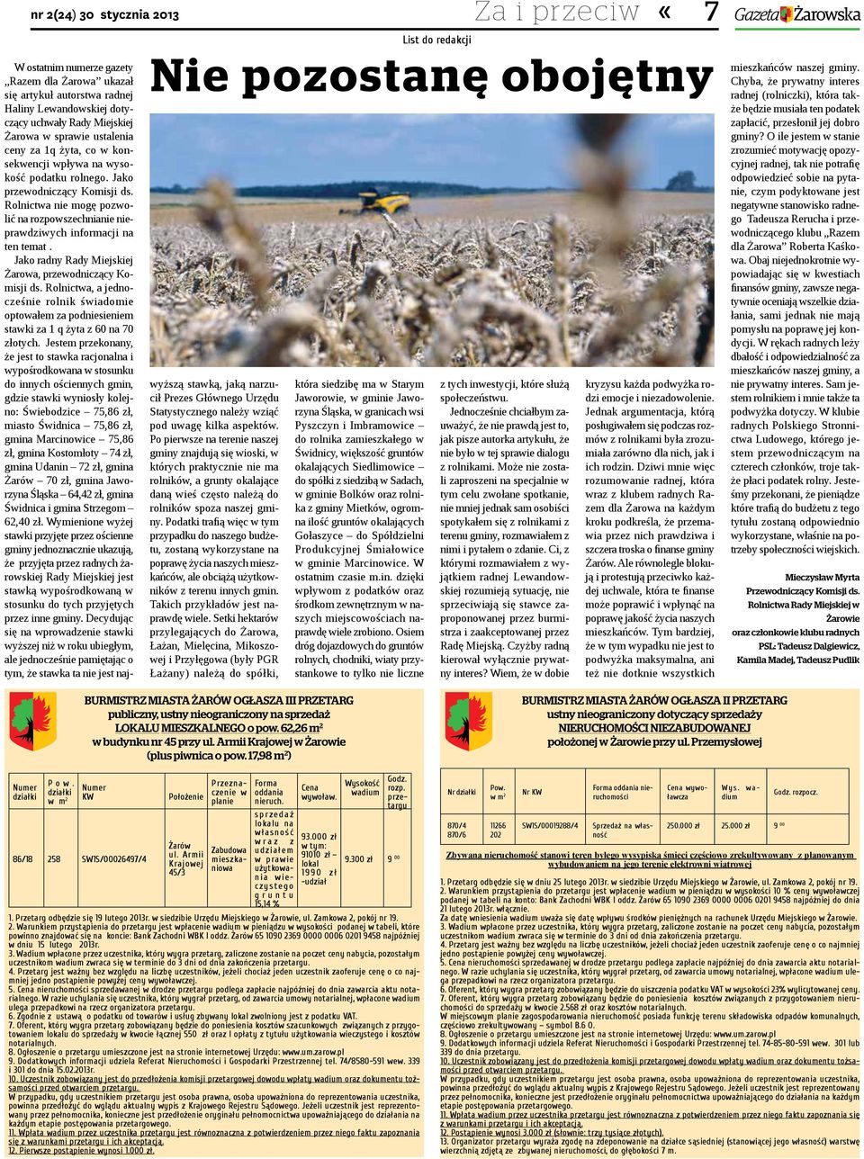 Rolnictwa nie mogę pozwolić na rozpowszechnianie nieprawdziwych informacji na ten temat. Jako radny Rady Miejskiej Żarowa, przewodniczący Komisji ds.