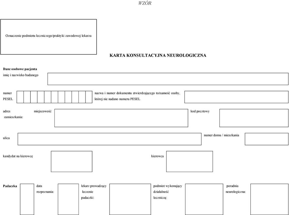 numeru PESEL adres zamieszkania: miejscowość kod pocztowy ulica numer domu / mieszkania kandydat na kierowcę kierowca