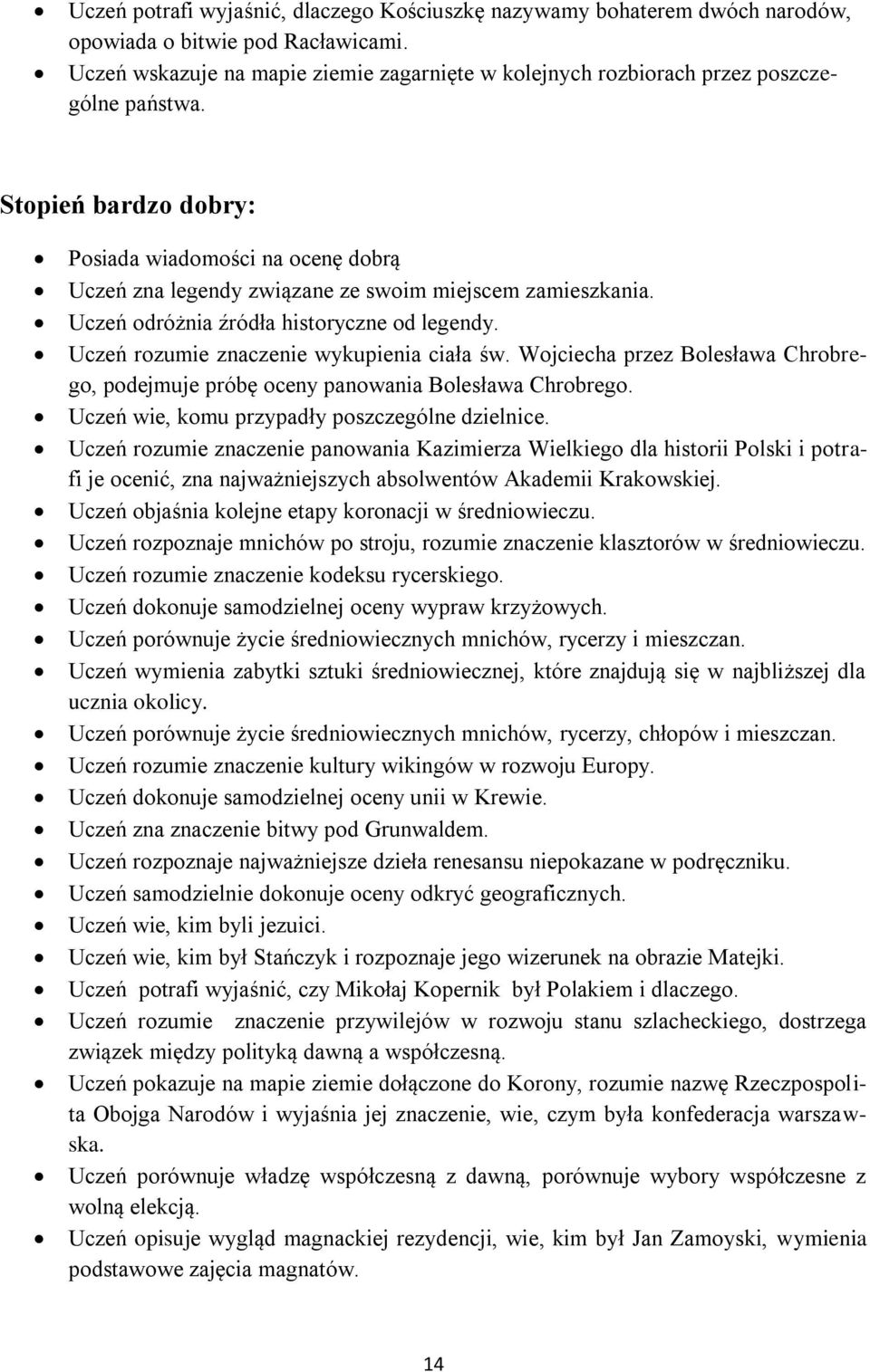 Stopień bardzo dobry: Posiada wiadomości na ocenę dobrą Uczeń zna legendy związane ze swoim miejscem zamieszkania. Uczeń odróżnia źródła historyczne od legendy.